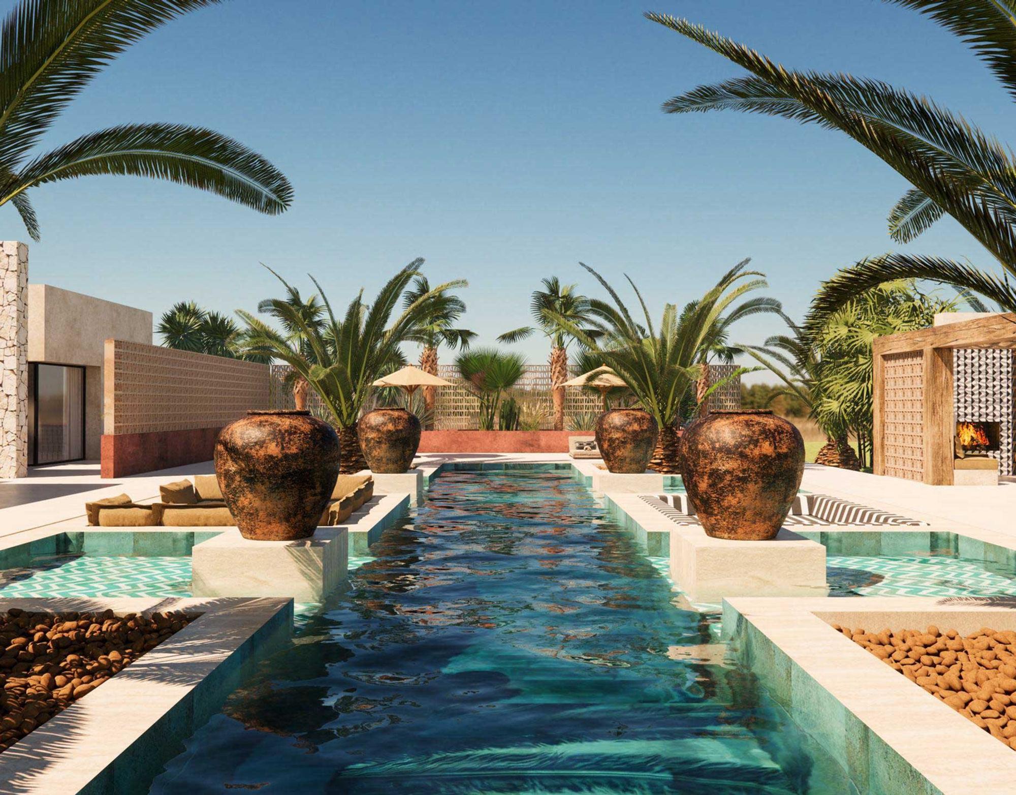 Pool courtyard of the Athenian Ranch residence developed by Panou Properties in Afidnes, Athens