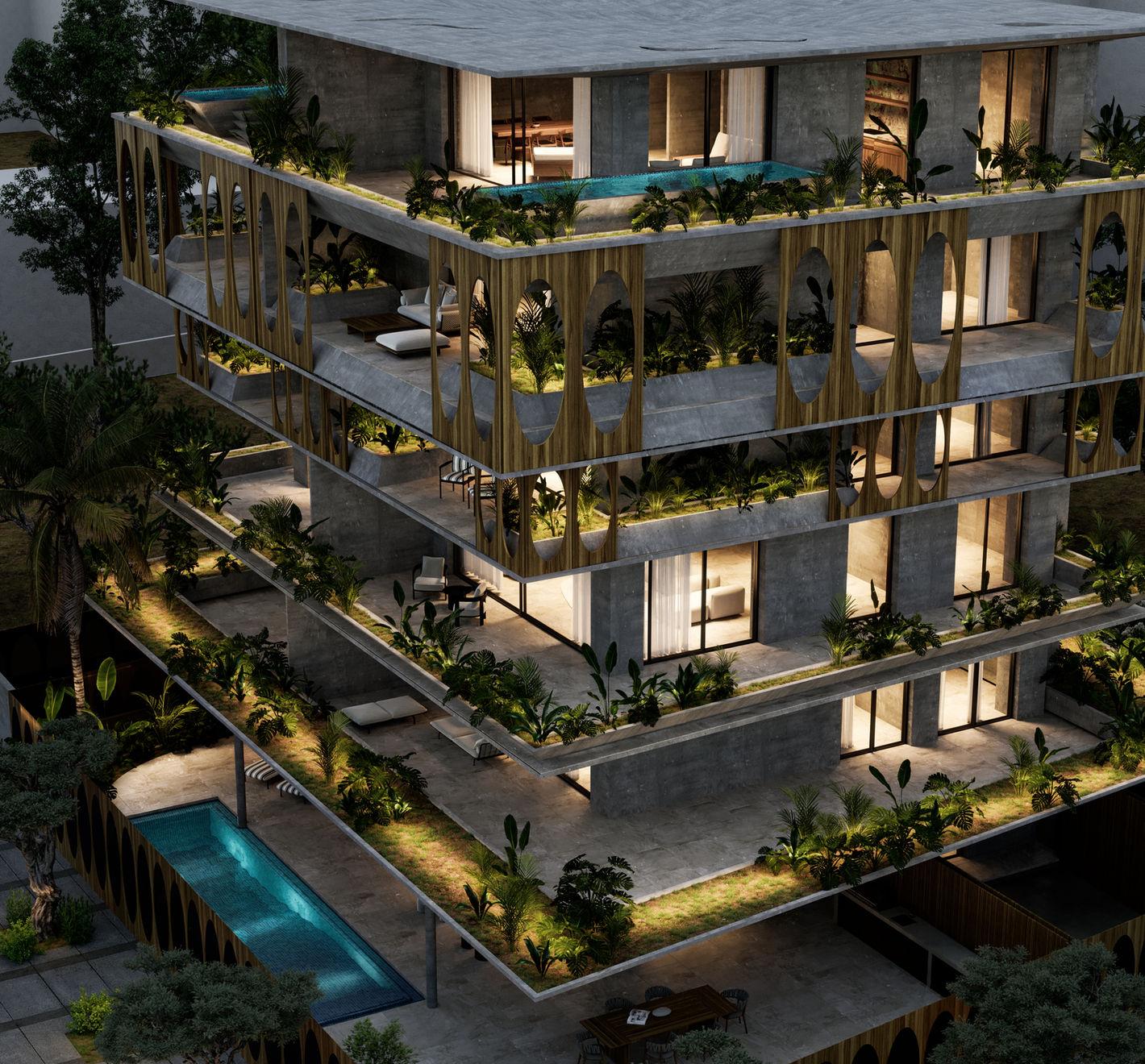 Branch of Bliss penthouse in Glyfada, Attica — evening view of the planted terraces